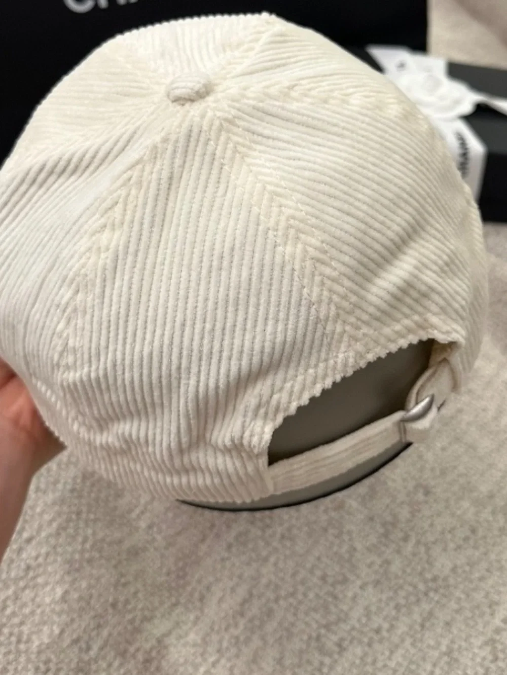 Celine. Off White Corduroy Triomphe. Baseball Hat Cap